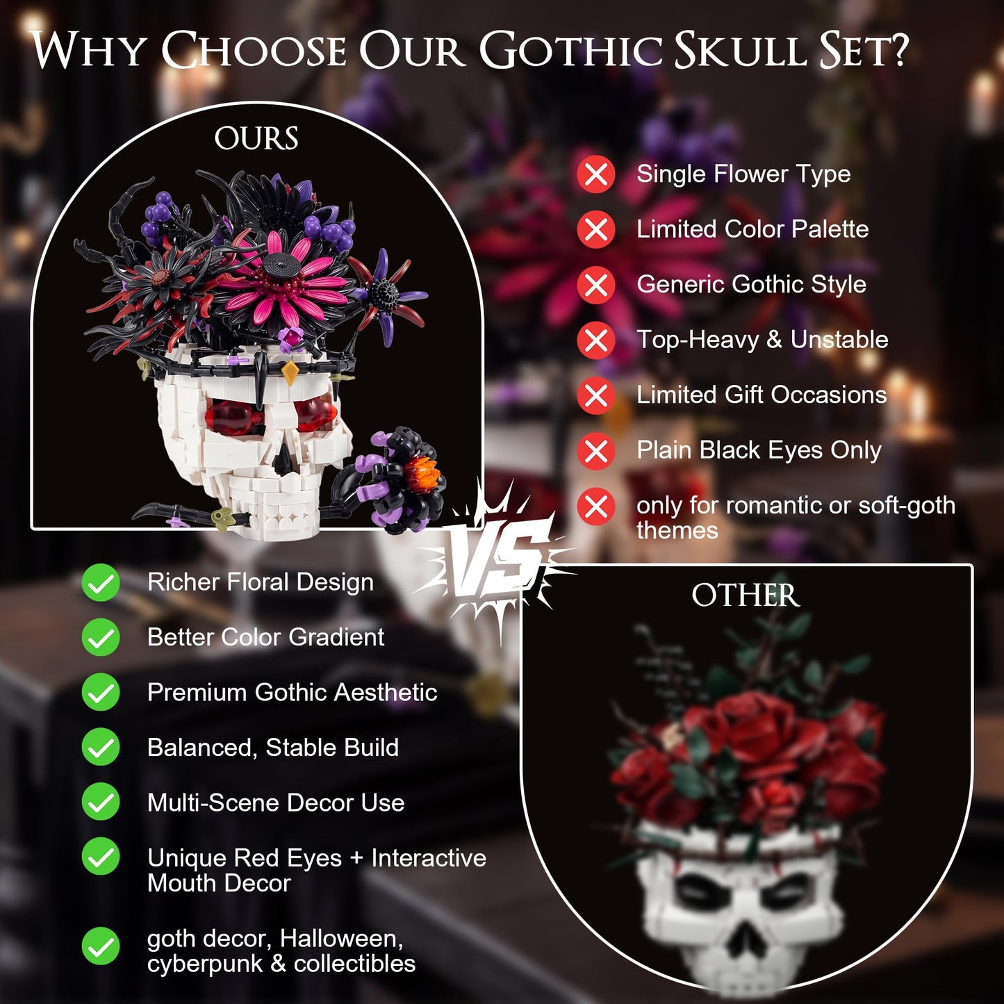 Skull Flower Bouquet Building Set, Wildflower Botanical Collection Kit for Adult Women, Horror Gothic Skeleton Decor for Goth Home Table Art Decor, Girlfriend/Mom/Wife/Couple Gift, Halloween Birthday