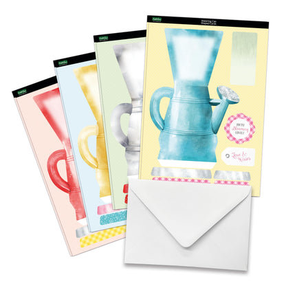 Katy Sue Watering Can Blossoms & Blooms Card Making Kit. 8 Shaped Cards, 3 Sheets of Floral Die Cut Decoupage, 8 Envelopes, Adhesive Foam Pads, & Instructions. For Card Making Supplies & Card Crafting