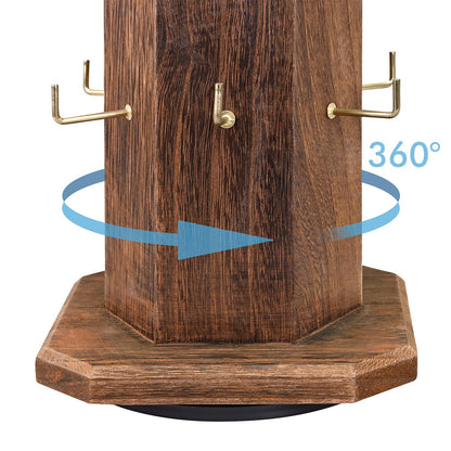 Ikee Design Free Assemble 24 Hooks Wood Hexagon 6 Sided Rotating Jewelry Display Stand Tower for Earrings,Bracelets, Keychain Earring Display Stand for Selling, Showcase, Brown Color