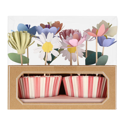Meri Meri Flower Garden Cupcake Kit (Pack of 12), Flower Cupcake Decorations, 12 Cupcake Toppers & 12 Pink and White Striped Cupcake Liners