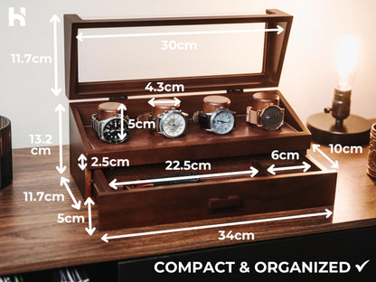 Premium 4 Slot Watch Box for Men (2026 Upgraded) – Wooden Watch Display Case with Hinged Wood Cover, Leather Lining & Drawer – Watch Organizer Stand – Handcrafted Luxury Father's Day Present for Men