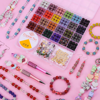 AIPRIDY Jewelry Making Beads Set, 590 PCS 10mm Round Mixed Color Rhinestone Clay Beads with Pearl and Floral Beads for DIY Bracelets, Necklaces(Fixed Mixed)