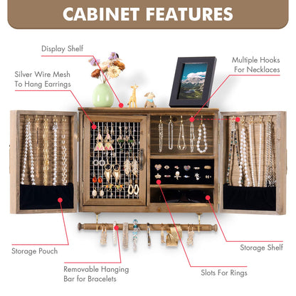ikkle Wooden Jewelry Organizer Wall Mounted, Hanging Jewelry Holder with Removable Bracelet Rod and Hooks for Necklaces Earrings Bracelets Rings, Brown