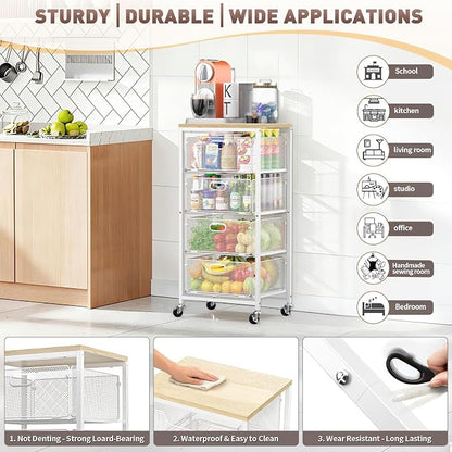 SUNALLY Rolling Kitchen Cart with Drawers, 4-Tier Utility Cart Fruit Vegetable Storage Cart with Lockable Wheels, Wooden Top Metal Kitchen Storage Organizer for Cans, Snacks, Beauty, Craft, Art, White
