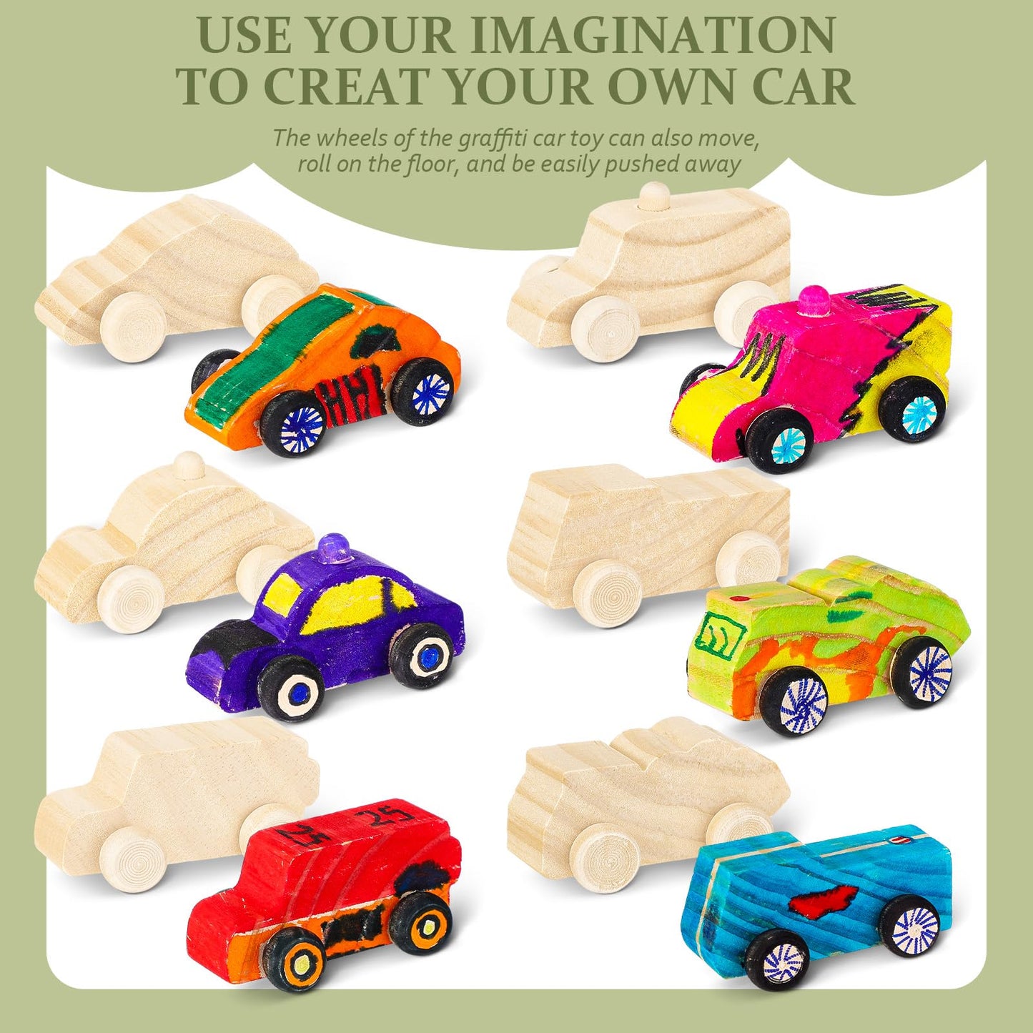Lenwen 48 Pcs Wooden DIY Car Toys for Party Unfinished Wooden Cars, Wood Truck Wood Graffiti Toy Truck and Crafts DIY for Students Girls Boys Activities Craft Projects Woodworking (Cute)