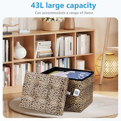 AmasSmile Storage Ottoman Folding Foot Rest Stool with Side Pocket, 17 inch Velvet Footstool Bench, Short Ottoman Bench, Storage Foot Rest Store, Blanket Chest, Leopard Print 2 Pack