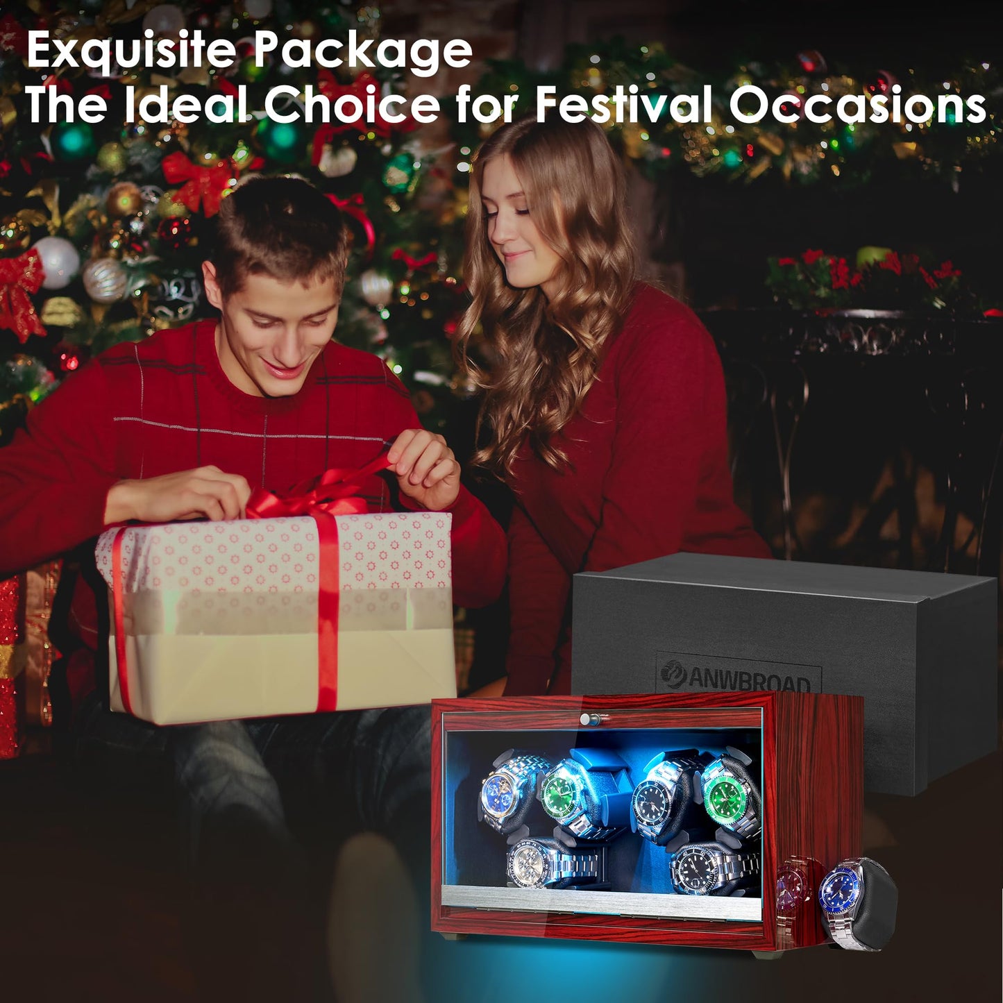 ANWBROAD Automatic Watch Winder, 6 Watch Winders for Automatic Watches with Glass Lid, 4 Modes Watch Winder box with Adapter, Super Quiet Motor-Red Piano Finish, Fathers Day UJWW003Y
