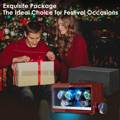 ANWBROAD Automatic Watch Winder, 6 Watch Winders for Automatic Watches with Glass Lid, 4 Modes Watch Winder box with Adapter, Super Quiet Motor-Red Piano Finish, Fathers Day UJWW003Y