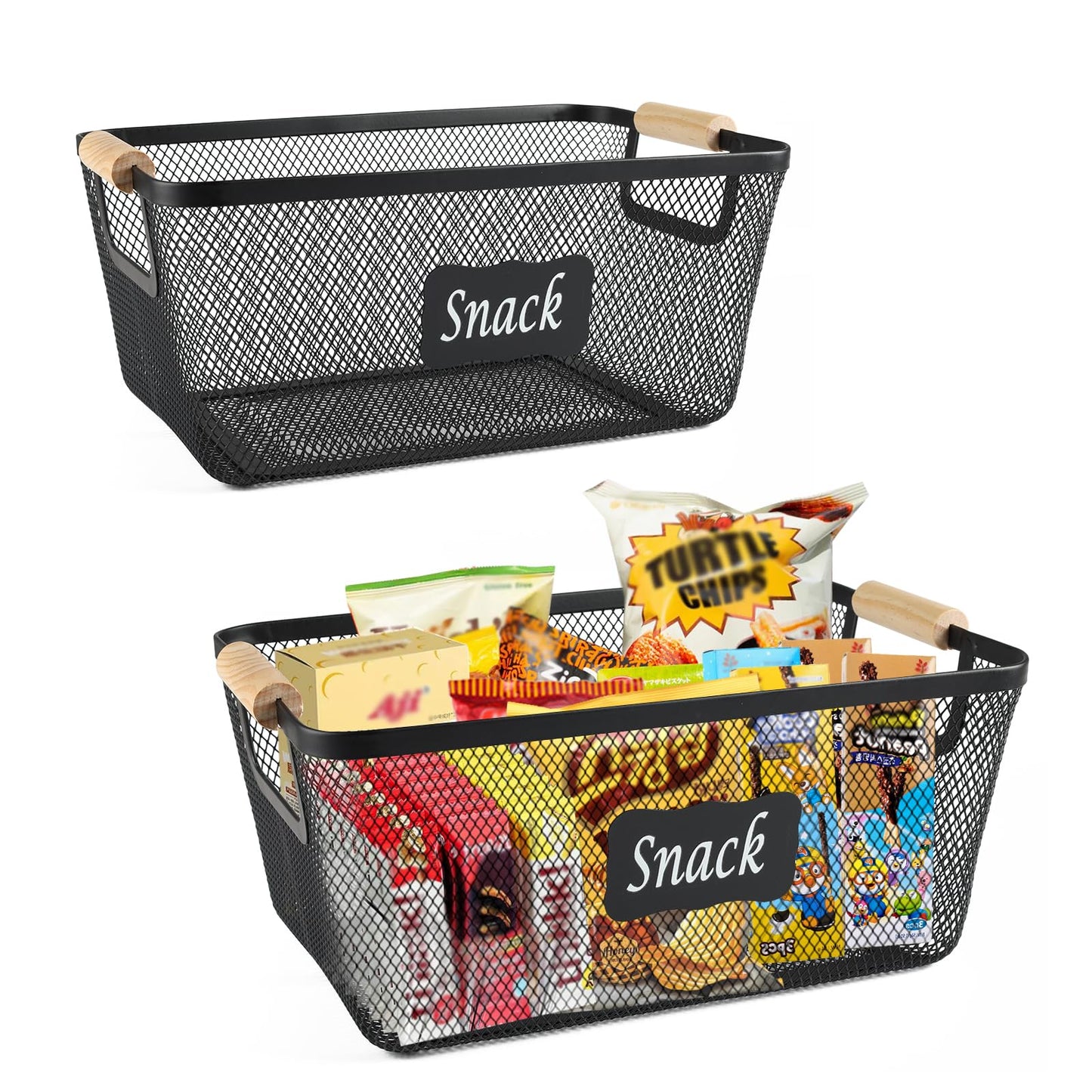 Xbopetda Snack Organizer for Pantry Shelf, 2 Pack Metal Mesh Snack Baskets with Wooden Handles, Snack Bin for Snack Bar Station, Kitchen Cabinet Pantry Organizers and Storage