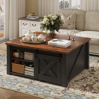 DUMOS Coffee Table, Lift Top Center Table with Storage, Square Living Room Tables with Adjustable Shelves, Modern Wooden Center Coffee Tables with Hidden Storage Compartment for Home, Black