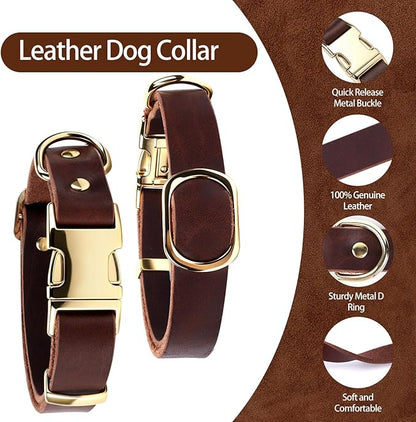 Leather Dog Collar and Leash Set, 6FT Heavy Duty Leather Training Leash with Adjustable Dog Collar, Soft and Durable Dogs Leashes and Collars Set for Small Medium Large Dogs (Brown, M)