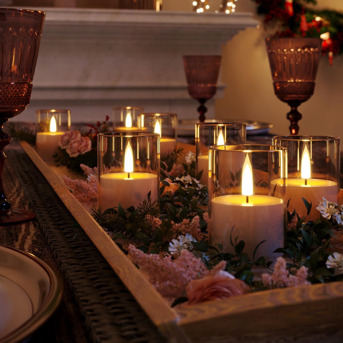 VIODAIM 12Pack Flickering Flameless LED Candles with Timer, Battery Powered - Small Pillar & Votive, Clear (2"X3")