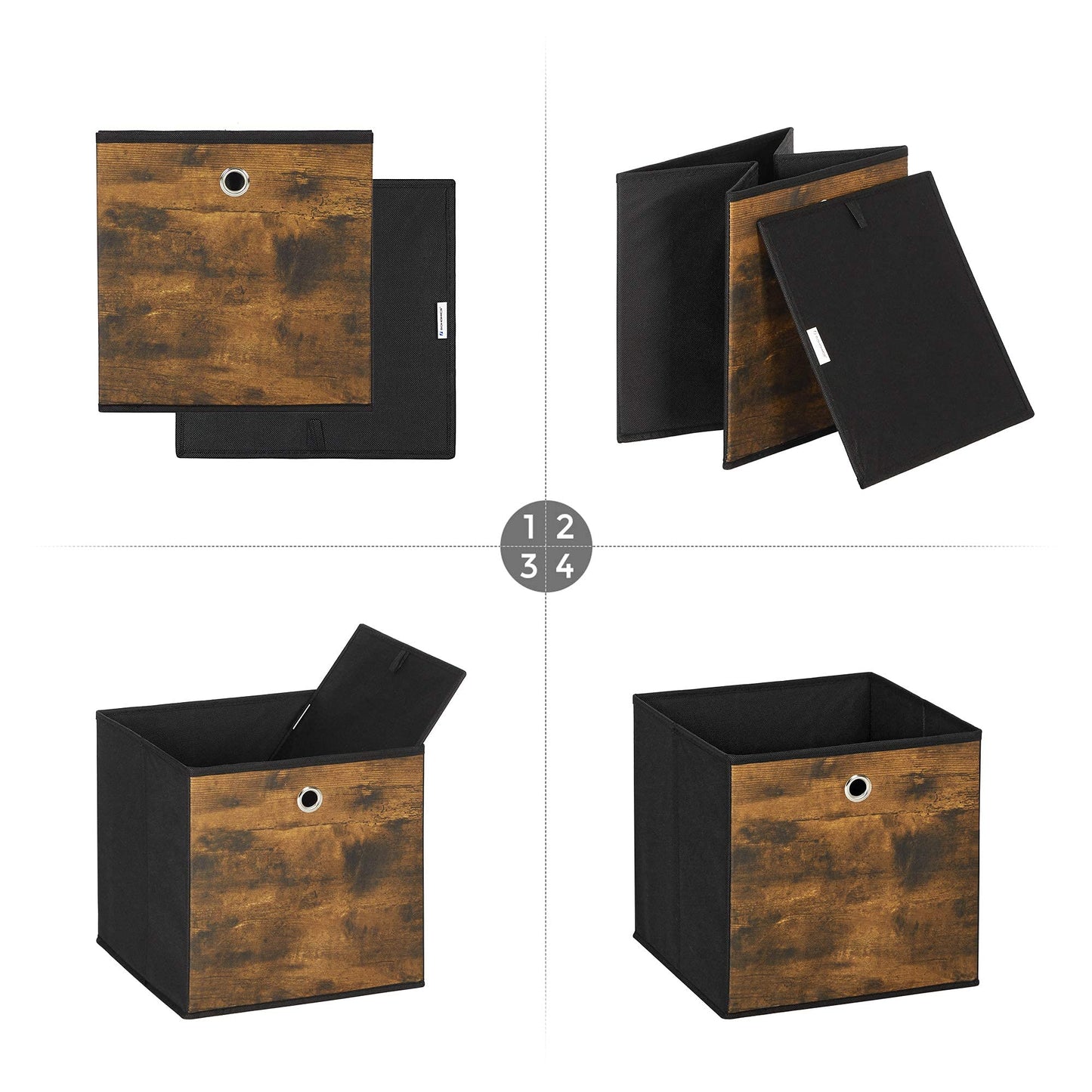 SONGMICS Storage Cubes, Set of 6 Storage Bins with Handles, Foldable Oxford Fabric and Non-Woven Fabric Storage Boxes, 11.8 x 11.8 x 11.8 Inches, Rustic Brown and Black URFB102B01
