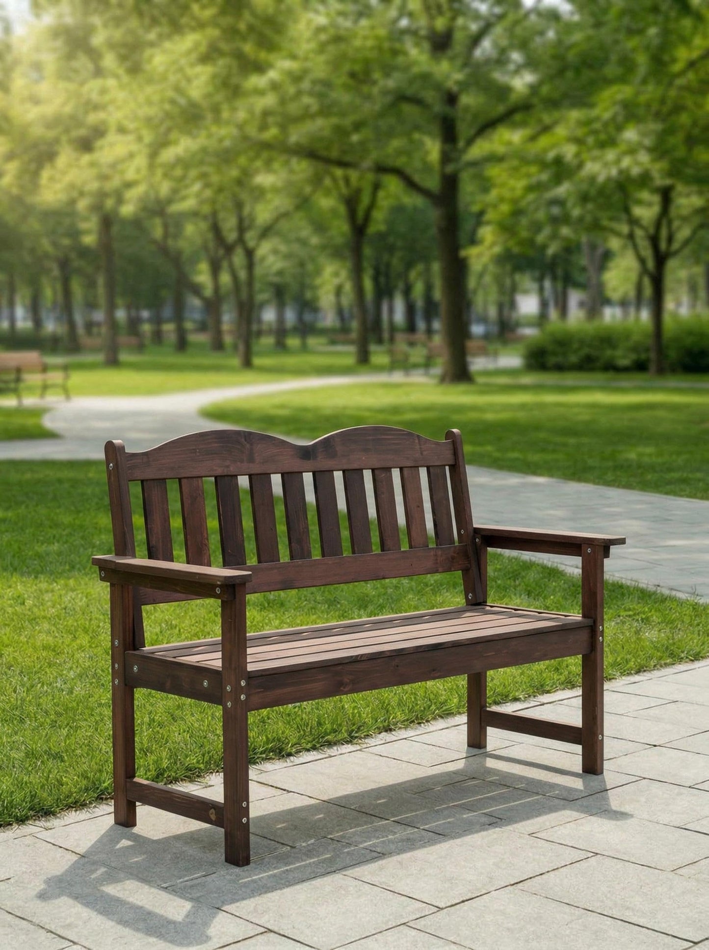 MilleLoom 4FT Outdoor Wooden Bench, 2-Person Garden Bench,Slatted Patio Loveseat with Curved Backrest and Wide Armrest Ideal for Patio, Porch or Balcony,Brown