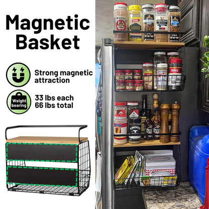 Ofiray-home Magnetic Shelf for Fridge with Wood Lid, Fruit Potato and Onion Storage Bins, Pantry Organizers & Storage, Large Container Magnetic Spice Rack for Refrigerator, Kitchen Counter, Cabinet