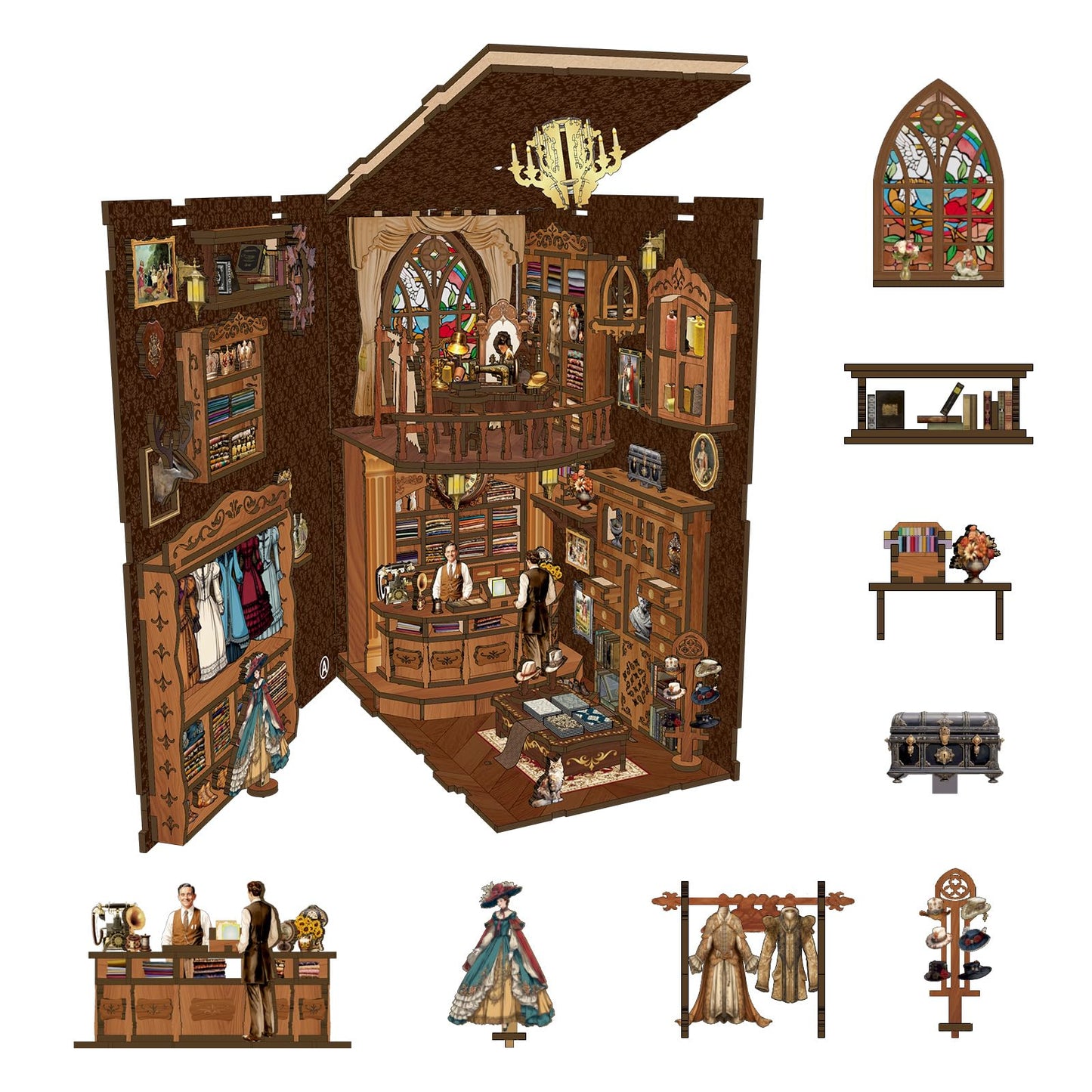 Shylamb Book Nook Kit - DIY Miniature Dolls House Kit with Furniture and LED Light, 3D Puzzle Wooden Art Bookends, Model Kits for Adults and Teens (Royal Tailor Shop)