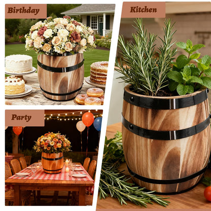 Sunmuliiiy1Pcs Wood Wine Barrel Vase 8" x 6.5" Rustic Wooden Flower Vase Rustic Barrel Barrel Planter for Wedding Reception Table Decoration Home Indoor Outdoor Garden, Kitchen, Party Table Decoration