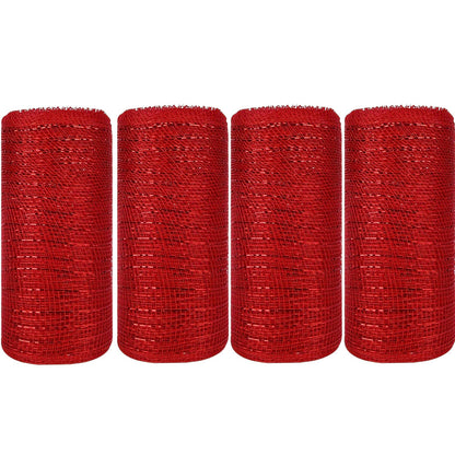 JStnana Red Deco mesh 6 inch, 4 Rolls Christmas Mesh Ribbon 30 Feet Each Roll Metallic Foil Decorative Mesh Rolls Fabric DIY Craft Wreath Making Supplies for Chirstmas Wreath Swags Home Party Decor