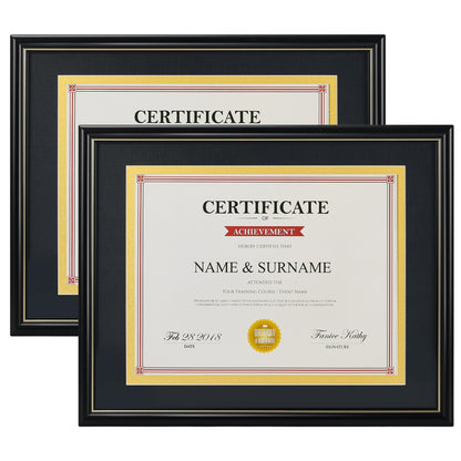 Giftgarden 8.5 x 11 Diploma Frame 2 Pack, 11x14 Frame Matted to 8.5 by 11 Certificate Document Award Degree with Mat for Wall, Black with Gold Trim