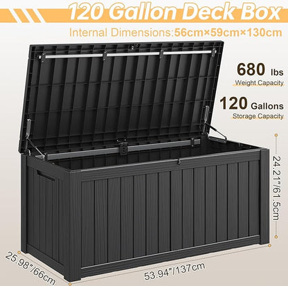 Outdoor Storage Box, Resin Deck Boxes Indoor and outdoor, Waterproof Storage Box Lockable Lid (Black, 120 Gallon)