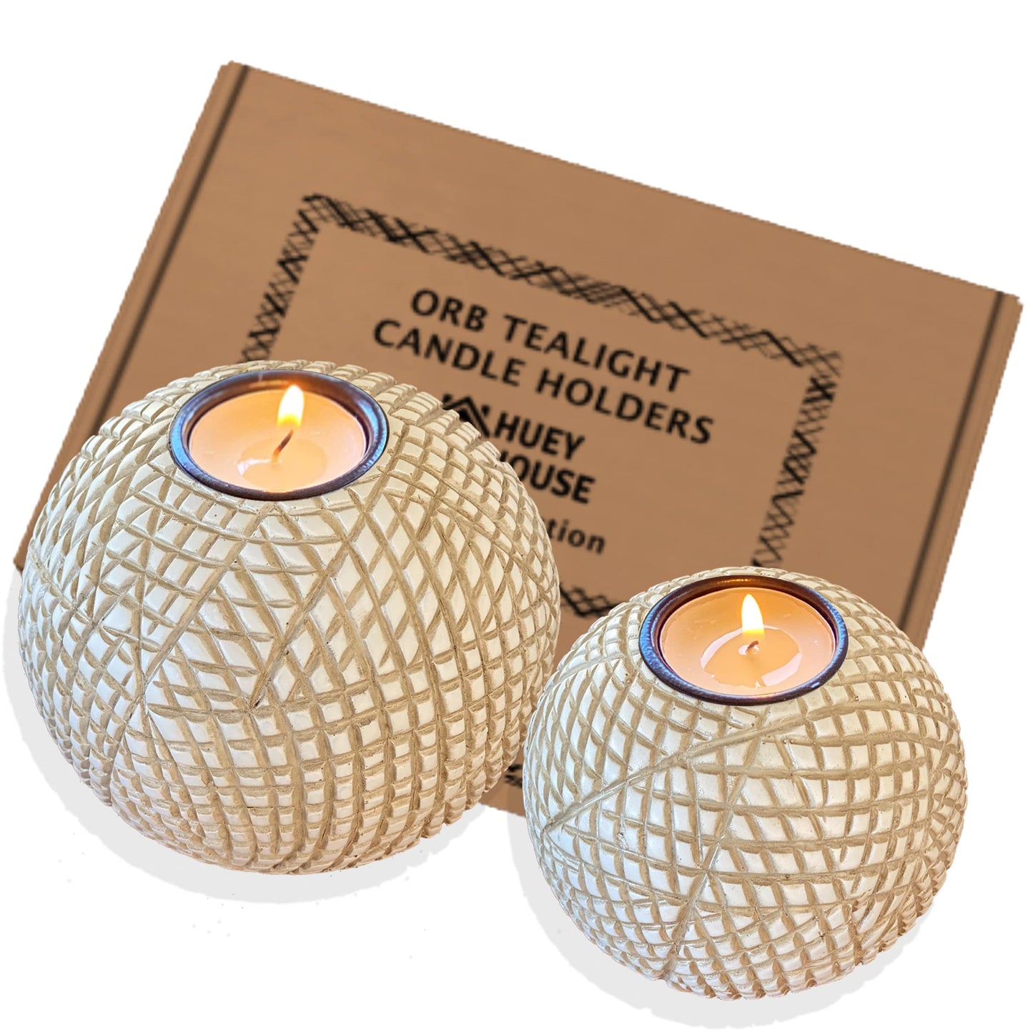 Huey House Luca Beige Orb Tea Light Candle Holders, Gift Boxed Set of 2
