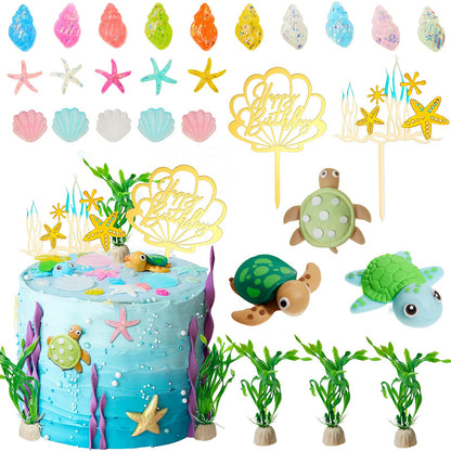 Taiyin 28 Pieces Under the Sea Cake Decorations Turtle Birthday Decoration Turtle Cake Topper Seashell Topper ocean Conch Seashells Decorations for Under the Sea Themed Birthday Party Supplies