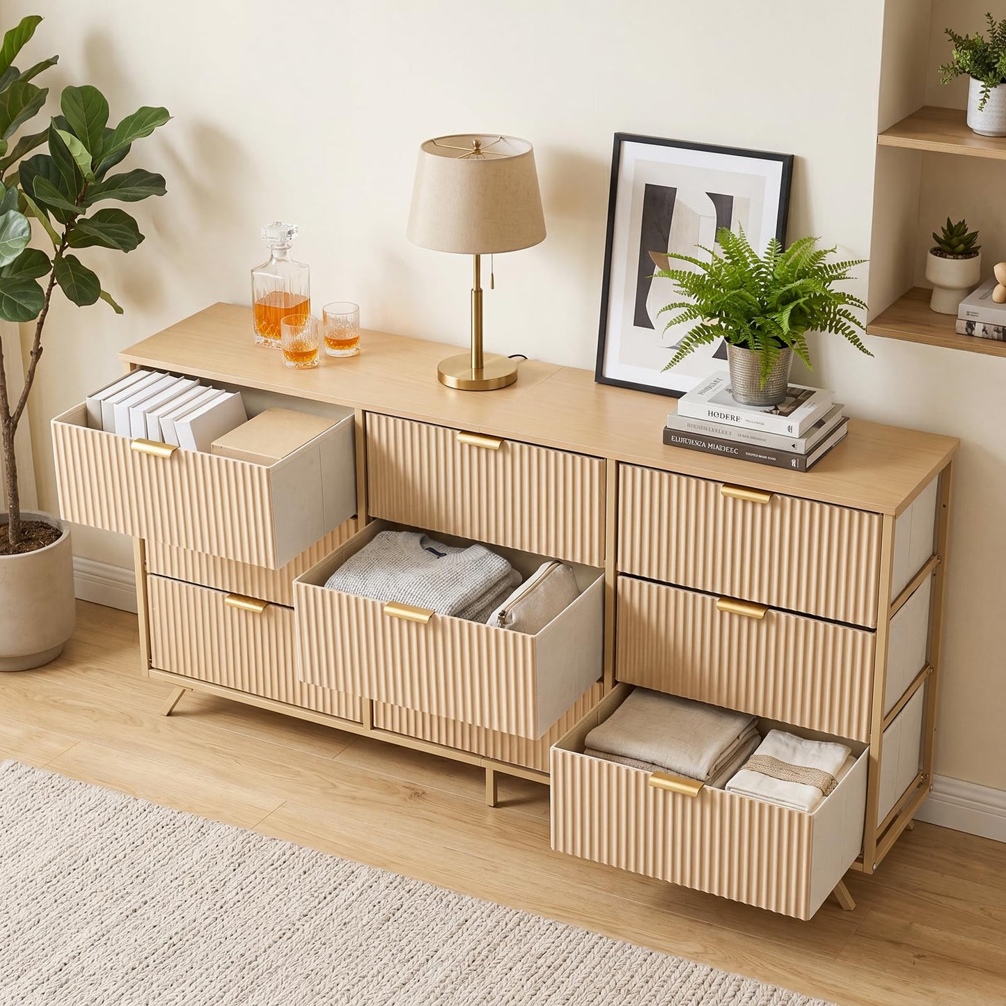 DUMOS Fabric Fluted Dresser,Chest of 9 Fabric Drawers for Bedroom, Large Dressers with Metal Frame & Wooden Top, Storage Organizer Closet for Living Room, Entryway, Oak
