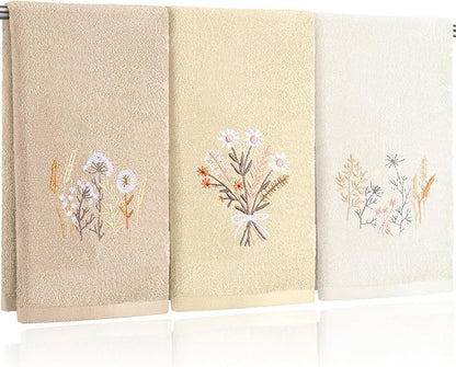 3 Pcs Boho Flowers Hand Towels Farmhouse Floral Brown Wildflowers Bathroom