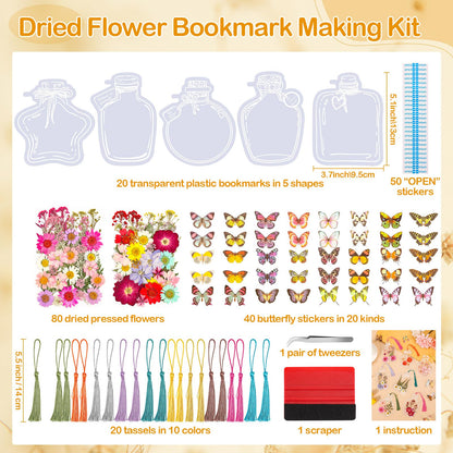 212 PCS Pressed Flower Bookmark Making Kit, DIY Clear Bottle Bookmark Kit with Dried Flower Tassel Butterflies Open Sticker Tweezer, DIY Projects Party Favor Gift for School Reading Adult Book Lovers