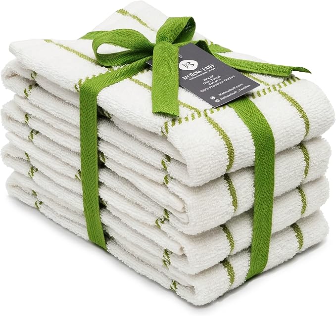 100% Cotton Terry Dish Towels, 4 Pack Checks, 16 x26 Inches, Super Soft and
