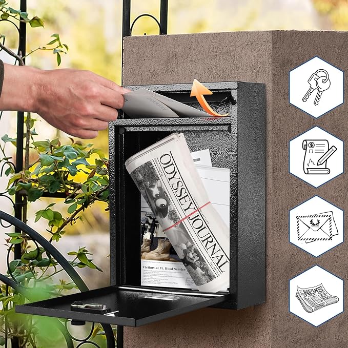 KYODOLED Locking Wall Mount Mailbox, Mail Boxes with Combination Lock for Outside, Security Cash Key Letter Drop Box with Code for House Office School,12.4H x 8.54L x 3.35W Inches, Black