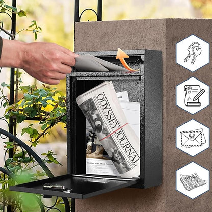 KYODOLED Locking Wall Mount Mailbox, Mail Boxes with Combination Lock for Outside, Security Cash Key Letter Drop Box with Code for House Office School,12.4H x 8.54L x 3.35W Inches, Black