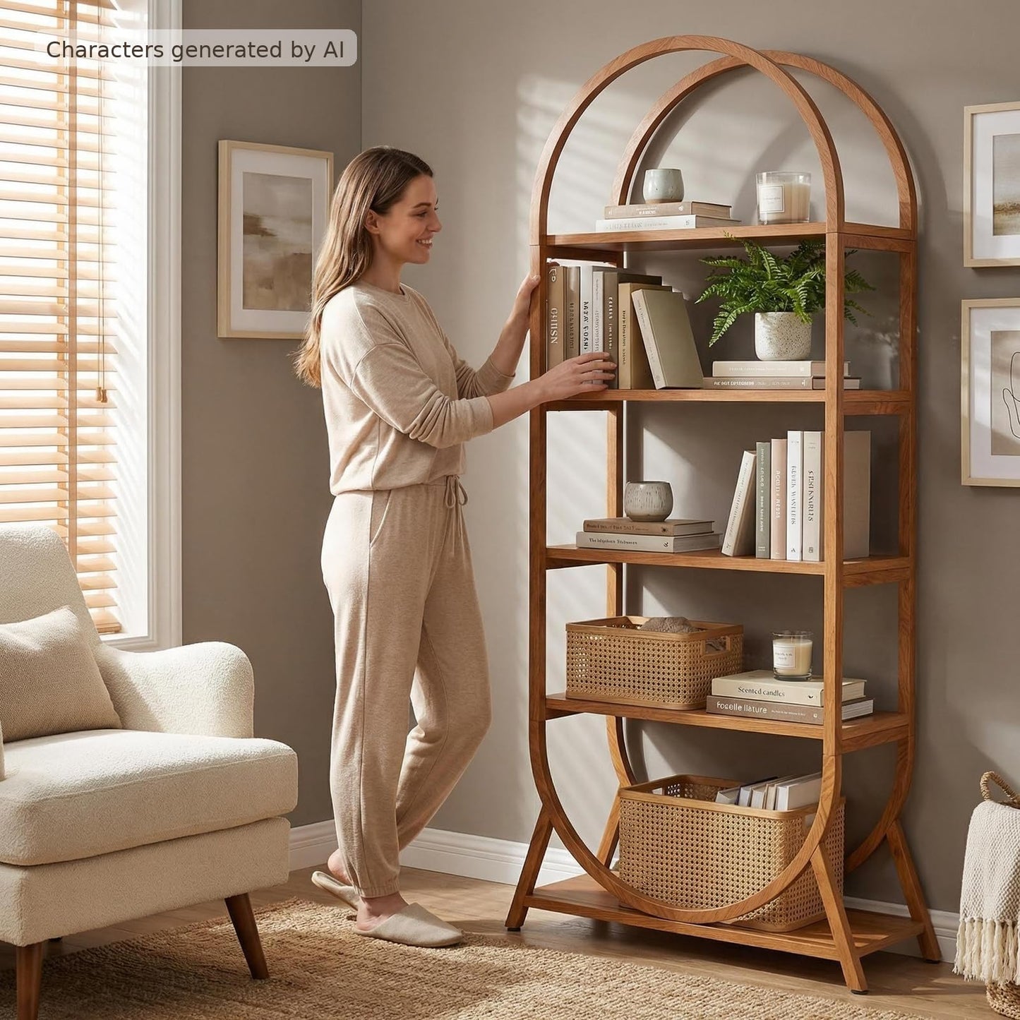 Arvolia 5-Tier Arched Bookshelf, Tall Wooden Open Shelf for Home