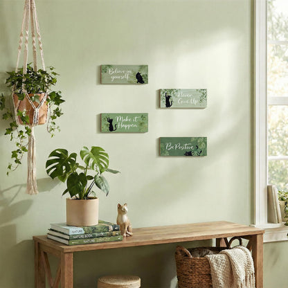 4Pcs Sage Green Office Decor for Women Inspirational Wooden Wall Decor for Office Home Sage Green Black Cat Wall Art Motivational Quotes Wooden Signs Set Positive Affirmations for Bedroom Work