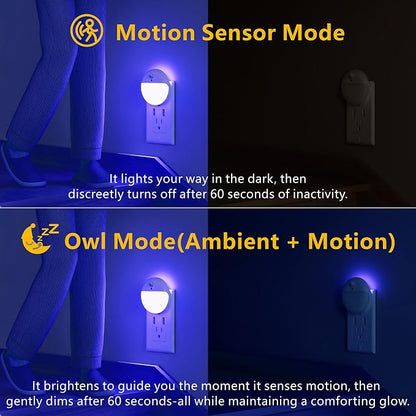 YUNLEX 2 Pack Plug in Night Light with Motion Sensor and Dusk to Dawn Sensor, Stepless Dimming, Blue LED Nightlight with 3 Lighting Ways for Bathroom, Bedroom, for Girls, Boys, Adults