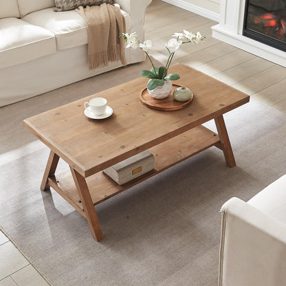 Farmhouse Coffee Table,Solid Wood Center Tables with Storage Shelves & Sturdy A-Shaped Legs, Modern Rustic 2-Tier Rectangular Table for Living Room and Office, Natural
