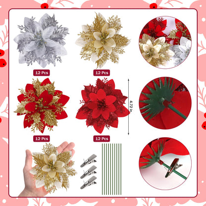 48 Pcs Christmas Poinsettia Artificial Flowers with Clips 5.5" Christmas Tree Wreaths Garland Decoration Glitter Flowers Picks Decor with Stems for DIY Xmas Wreath New Year Holiday Home Party Decor
