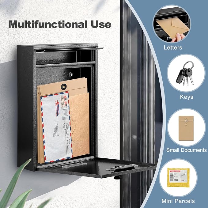 KINGCEPHAS Wall-Mounted Mailbox with Combination Lock,Small Capacity Mail Box for House, Waterproof Postbox,Mailboxes for Outside, 8.5” x 3” x 12.4” (Black)