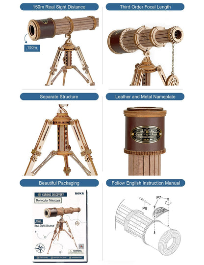 ROKR 3D Puzzles for Adults Wooden Telescope Building Model Kit with Tripod for Adults -3X Magnification Science Kit Gifts for Adult