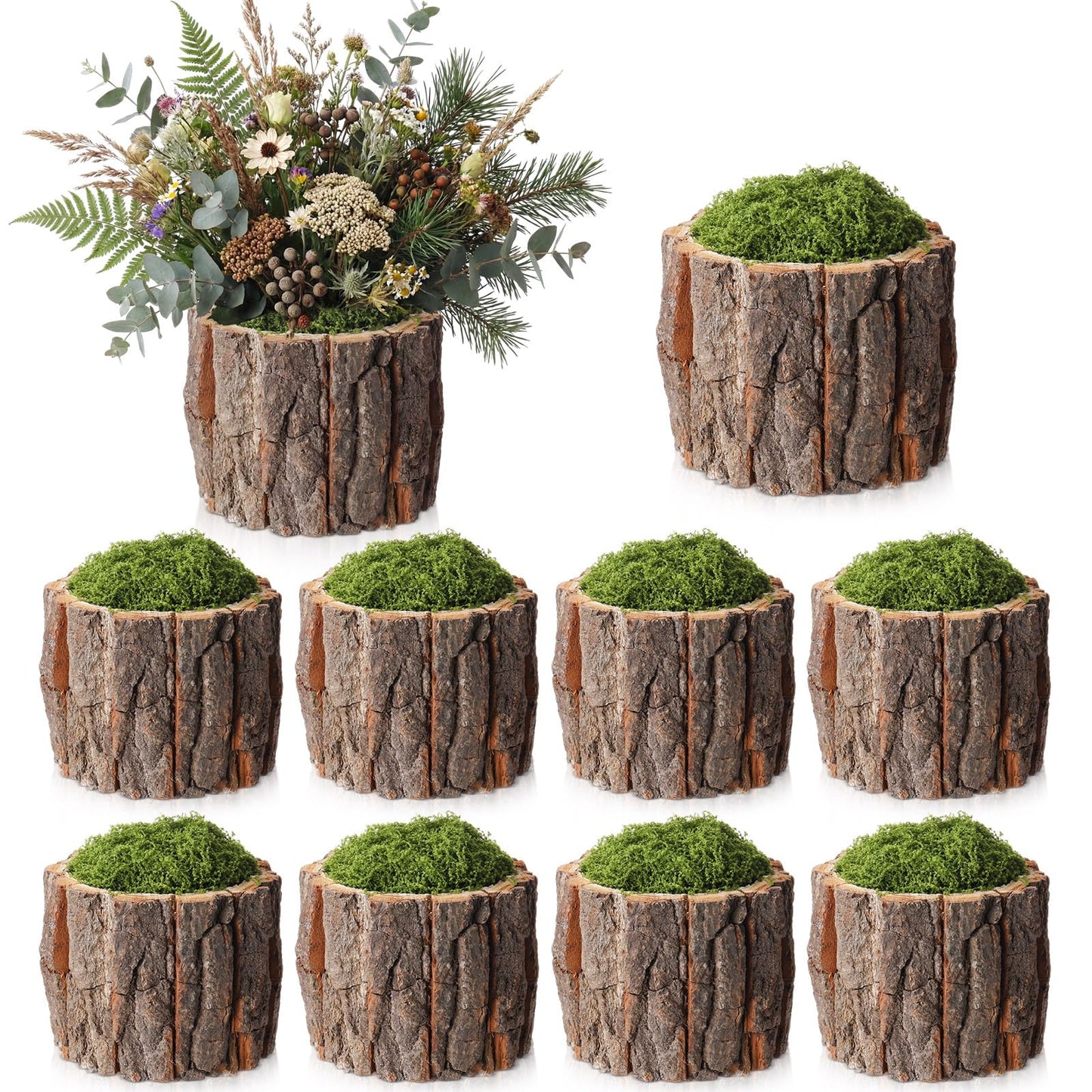 RimCereal 8 Set Wooden Vase for Centerpieces Wedding Flower Table Centerpieces Decor Rustic Bark Stump Bucket Farmhouse Wood Planter Pot for Woodland Party Window Home (Fake Green Moss,Large)