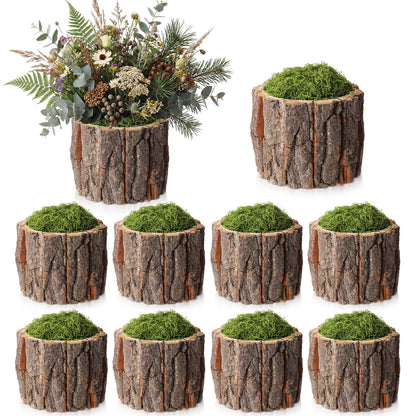 RimCereal 8 Set Wooden Vase for Centerpieces Wedding Flower Table Centerpieces Decor Rustic Bark Stump Bucket Farmhouse Wood Planter Pot for Woodland Party Window Home (Fake Green Moss,Large)