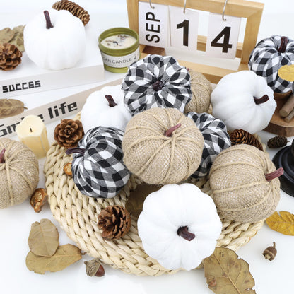 SITUMEIZI 12 Pcs Pumpkins Fake Harvest Velvet Pumpkin White Black Small Faux Fabric Foam Pumpkin for Fall Decor Wedding Thanksgiving Halloween Home Farmhouse Decoration(Burlap)