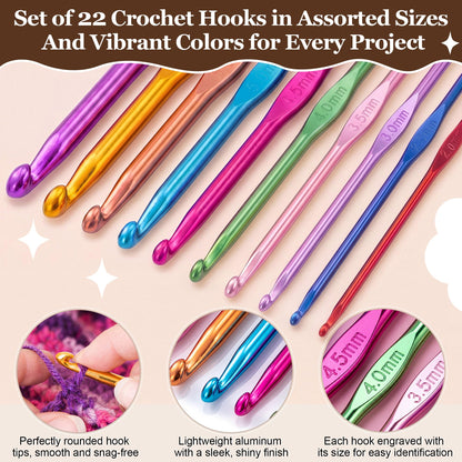 Dunkive 22-Piece Crochet Hooks Set with Case and Complete Knitting Accessories Kit, Aluminum Ergonomic Crochet Hooks, Stitch Holders, Needles & Stitch Markers for Beginners and Arthritic Hands