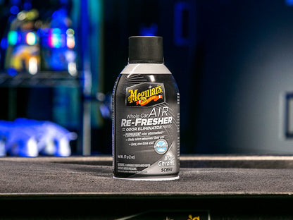 Meguiar's Whole Car Air Refresher, Car Odor Eliminator Spray Permanently Eliminates Unwanted Vehicle Odors Throughout Your Interior, Black Chrome Scent, 2 Oz Aerosol Canister