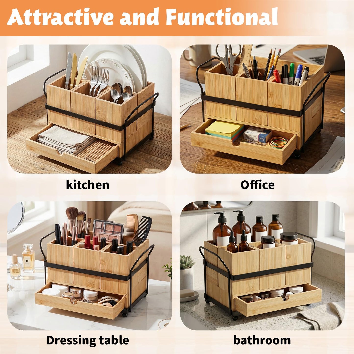 Qunclay Wooden Silverware Caddy with Drawer, Paper Plate Organizer Holder Dispenser for Party, Utensil Cutlery and Flatware Holder with 4 Compartments for Forks, Spoons, Napkins, Kitchen Countertop