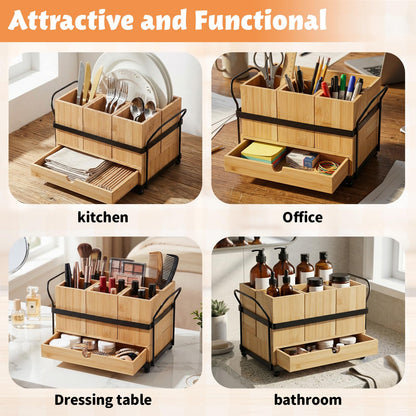 Qunclay Wooden Silverware Caddy with Drawer, Paper Plate Organizer Holder Dispenser for Party, Utensil Cutlery and Flatware Holder with 4 Compartments for Forks, Spoons, Napkins, Kitchen Countertop