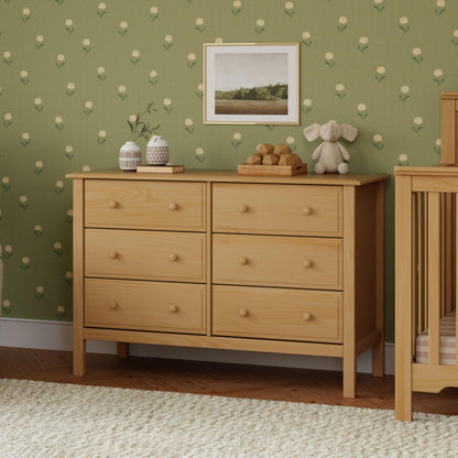 Jayden 6-Drawer Double Wide Dresser with 9+ inch Drawer Extension in Honey, Greenguard Gold Certified