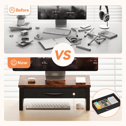 HEWORLIF Computer Monitor Stand Riser with Drawer, 2-Tier Desk Accessories & Workspace Organizers, Laptop Stand for Desk with Storage, Office Organization, Wood