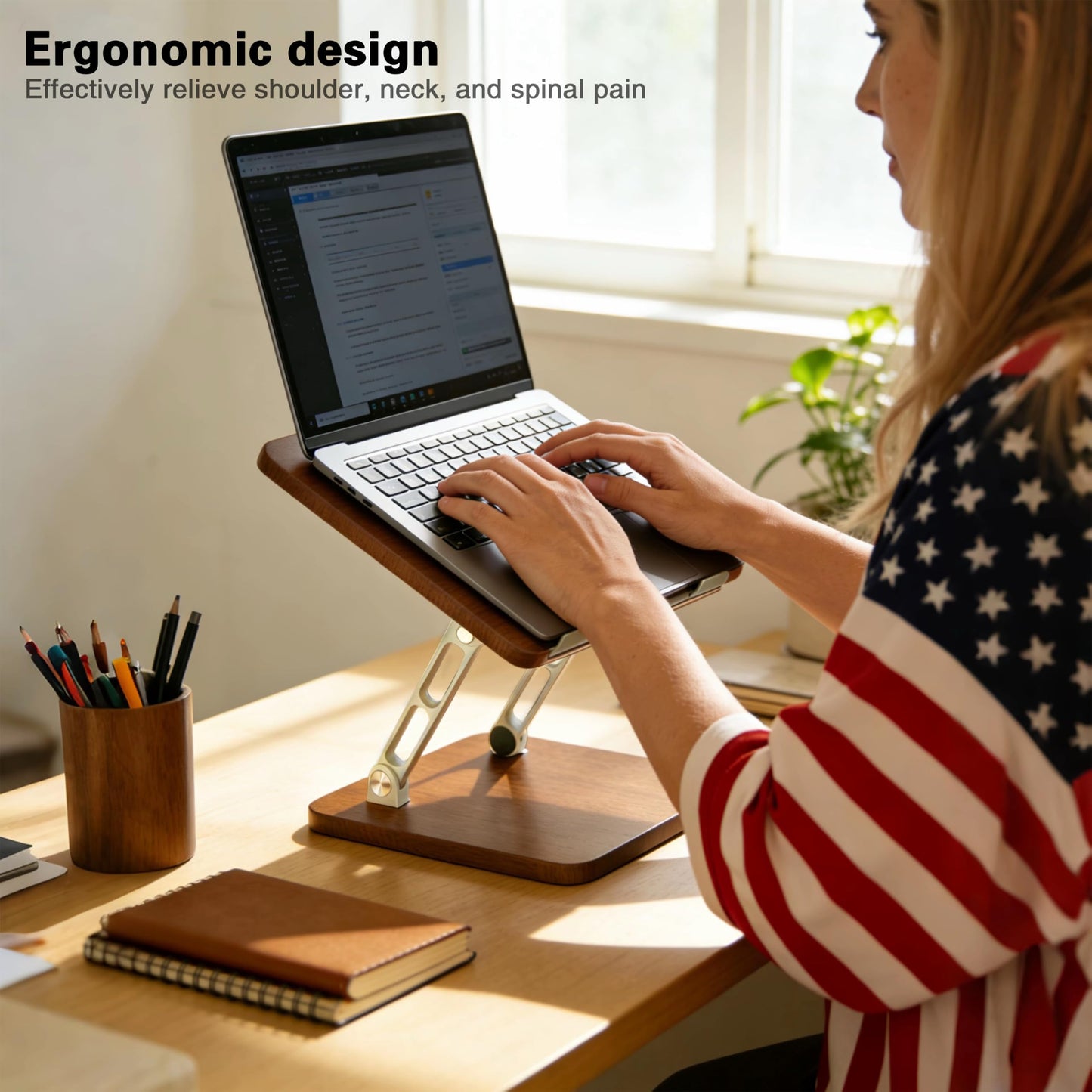 Craftreasure Ergonomic Adjustable Laptop Stand, Wooden & Metal Laptop Riser with Hollow Heat Dissipation, Foldable for Desk Use,Fits 10-17 Inch Laptops/Tablets