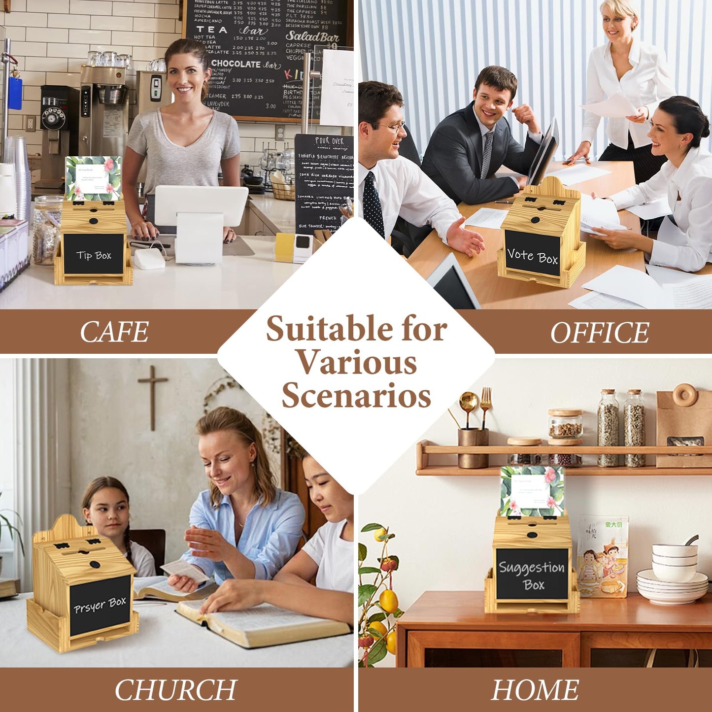 Wooden Suggestion Box with Acrylic Sign Holder, Locking Donation Box for Prayer, Comment , Ballot & Fundraising, Office Feedback Box With 50 Suggestion Cards and Pens, Wall Mounted or Countertop
